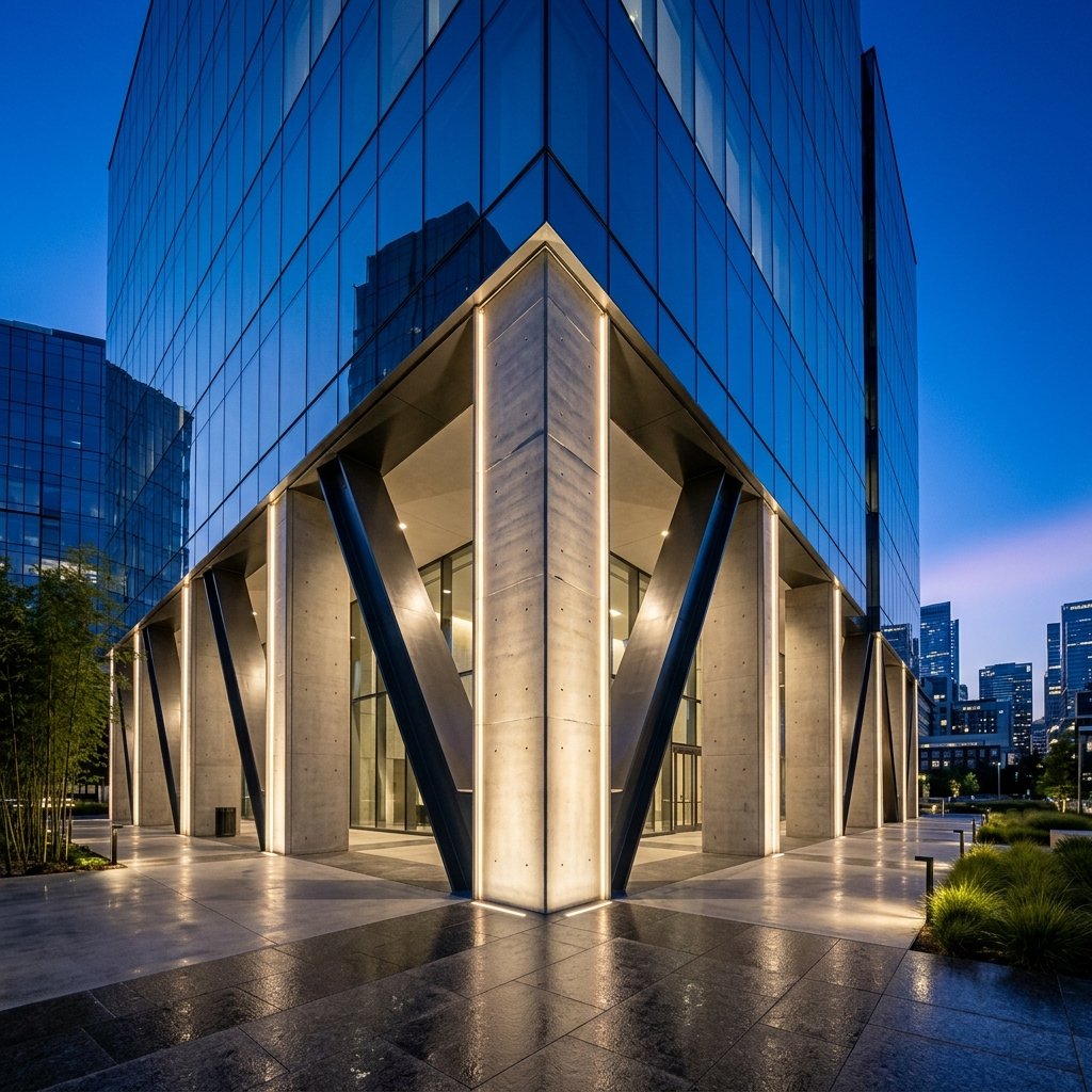 Gleaming concrete and steel foundation pillars of a hyper-modern corporate headquarters campus at twilight