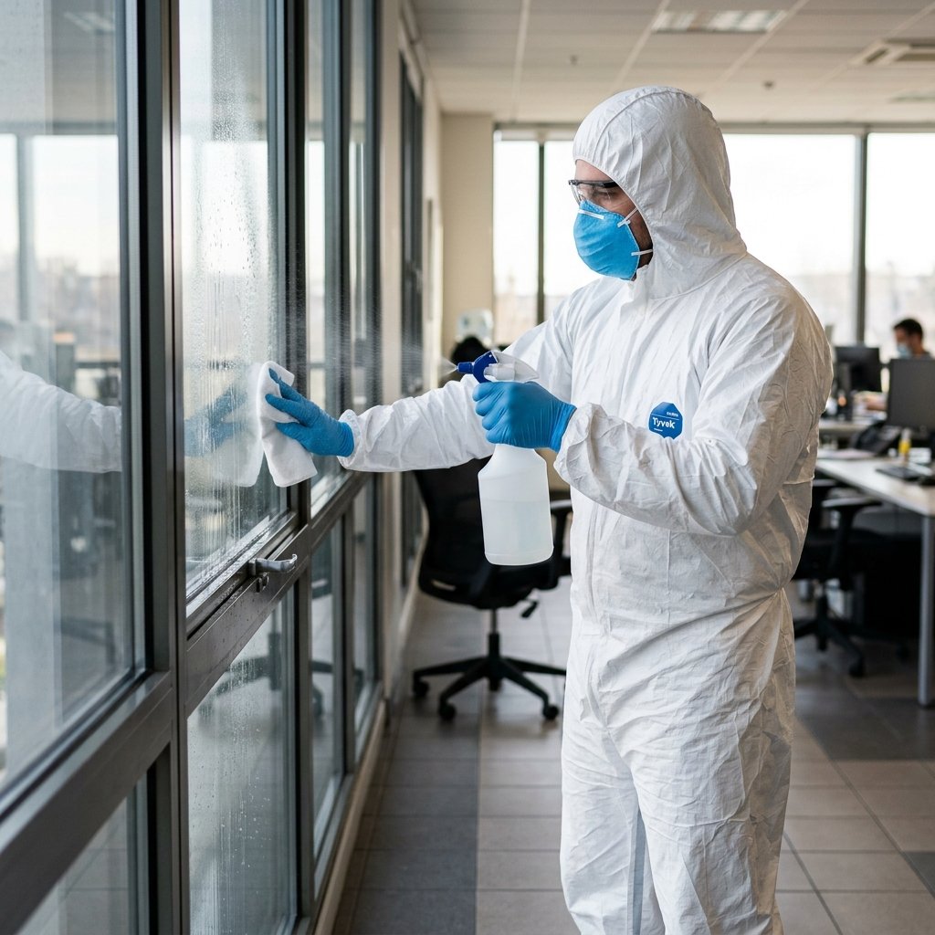 Professional conducting scheduled disinfection in a commercial space