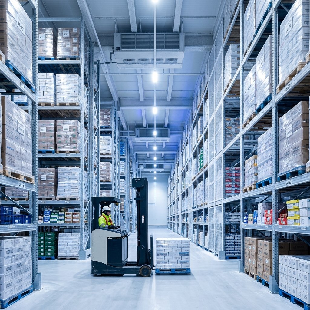 Clinical, sterile interior of an ultra-modern cold-storage distribution center