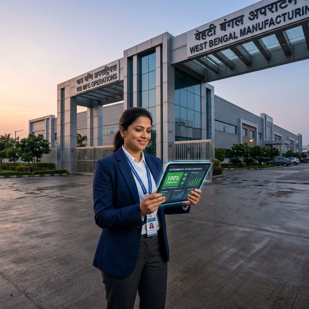 QA Director with digital tablet outside modern manufacturing facility