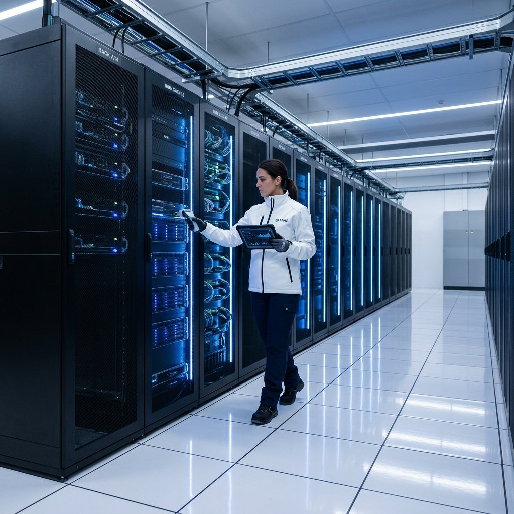 MMS Technician scanning pristine data center environment