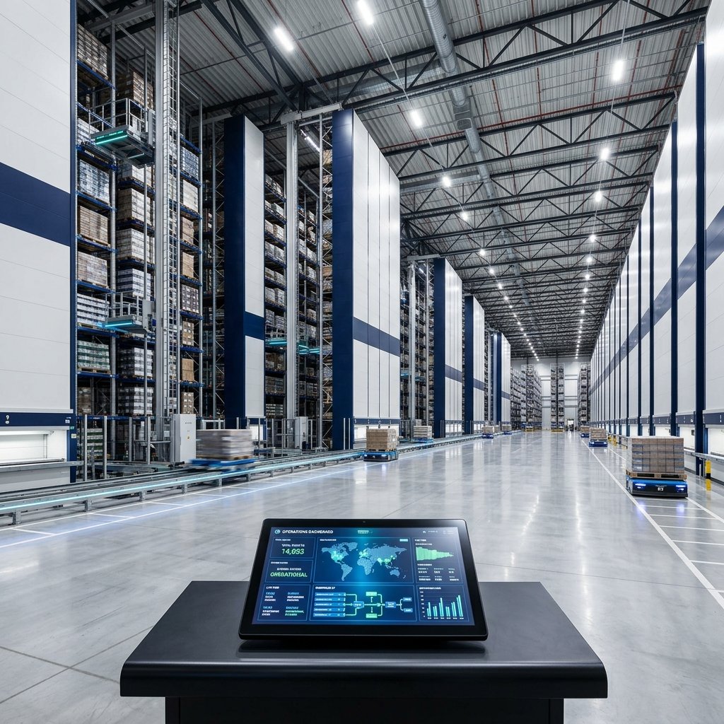 Sweeping interior of a massive hyper-modern mega-logistics warehouse