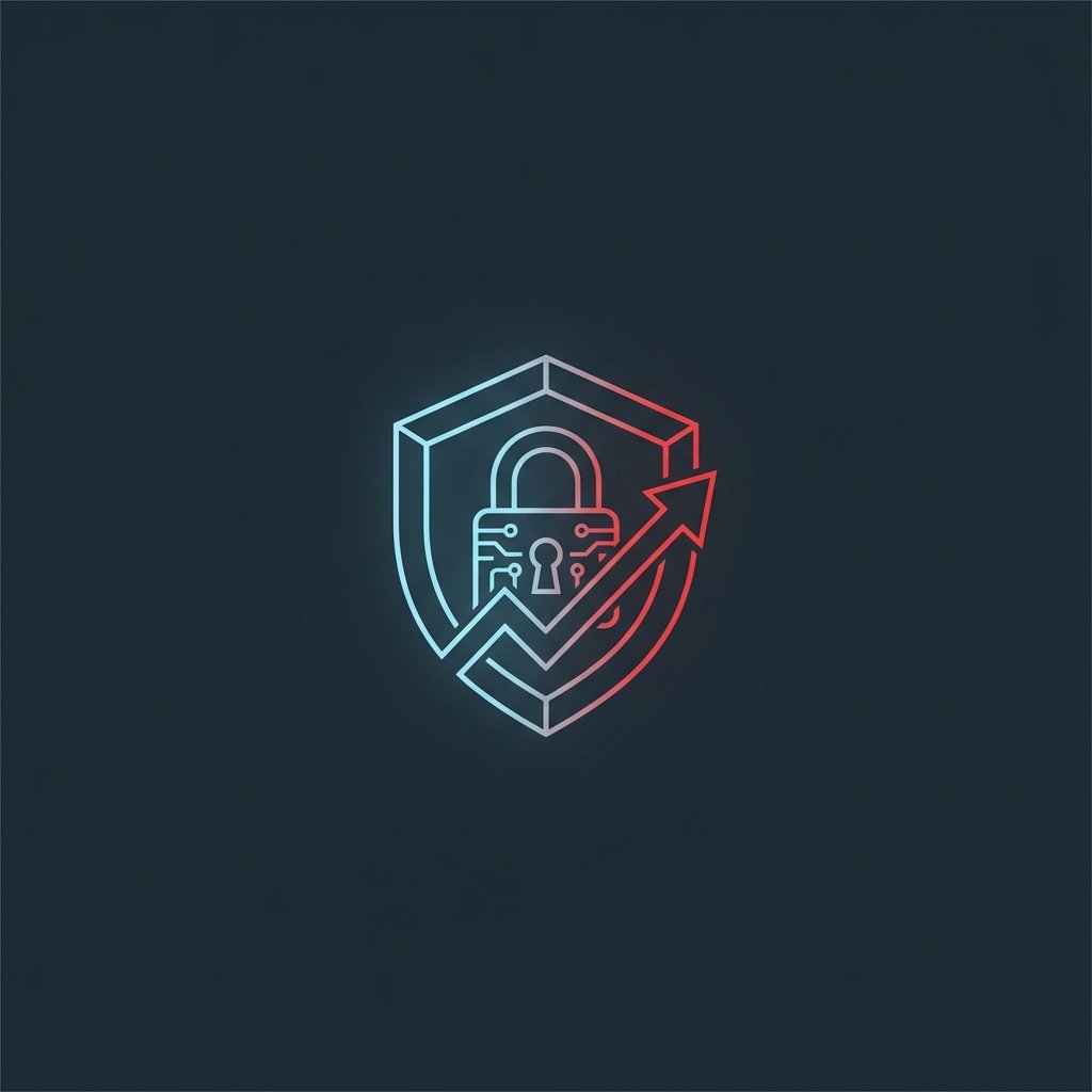 Minimalist clinical B2B corporate graphic featuring a protective shield and an upward-trending financial graph