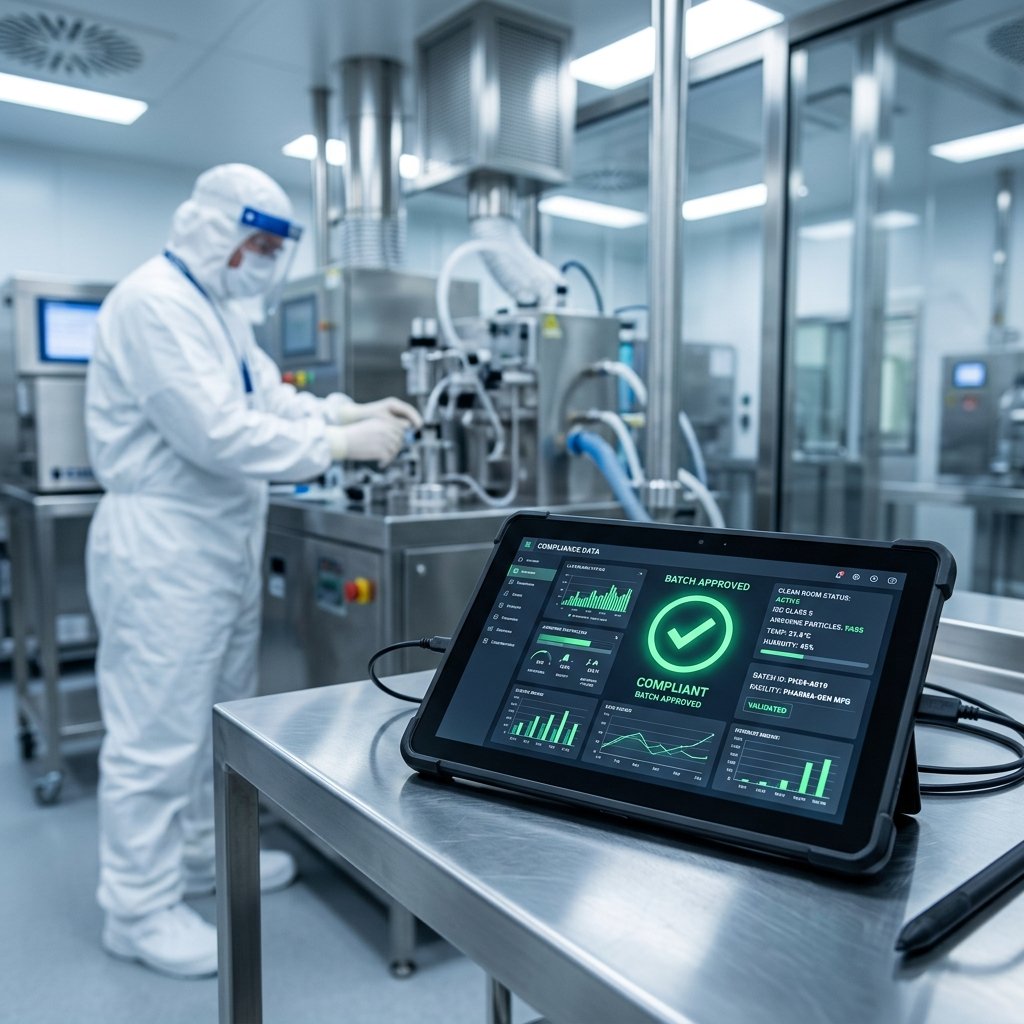 Clinical clean room environment with a digital compliance tablet in the foreground