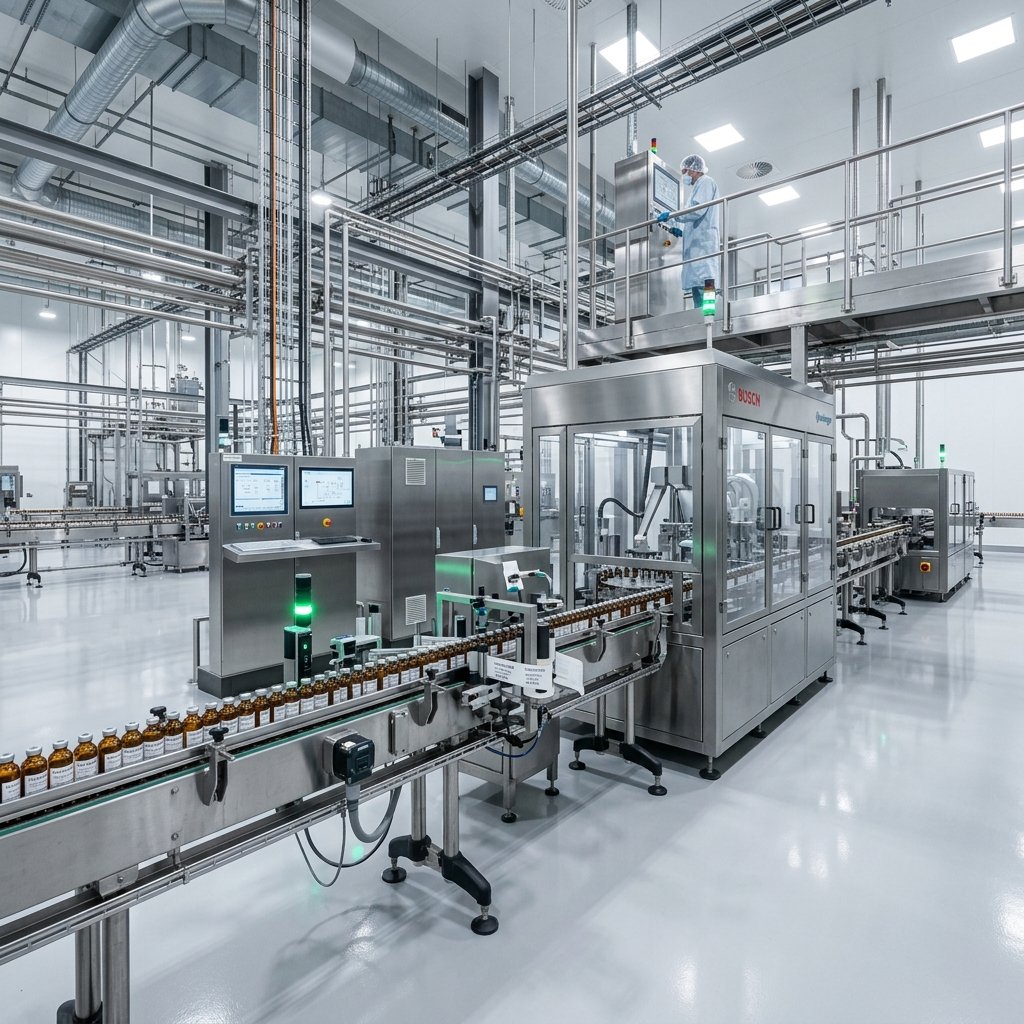 Wide, cinematic photograph of a high-end, fully automated bottling or packaging line